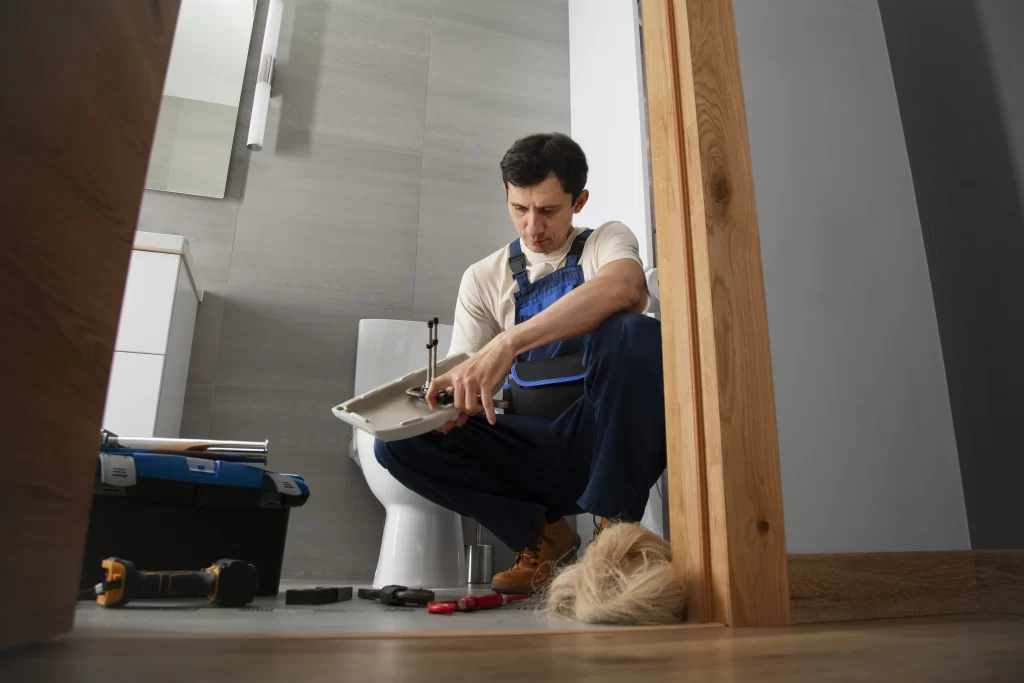 Hombre del grupo geex dando un servicio de mantenimiento arreglando la cisterna de un baño