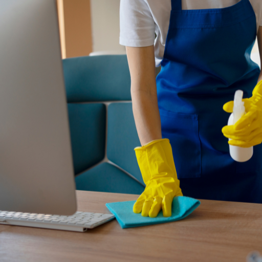 mujer limpiando una oficina haciendo facility services en zaragoza
